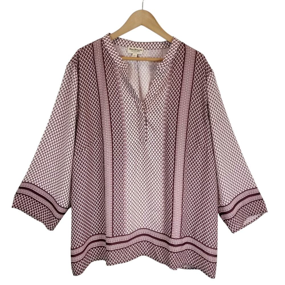Norm Thompson Women's Popover Tunic Blouse Shirt Burgundy White Size 3X